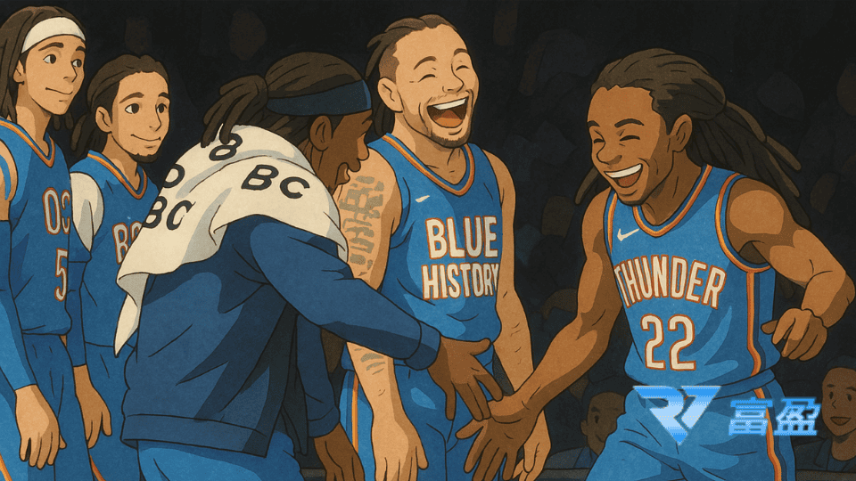 這是一張吉卜力風格化的NBA雷霆隊照片，財神娛樂城解釋NBA雷霆隊截至2025清明節前的球隊狀況、球員細節，以及下注的技巧