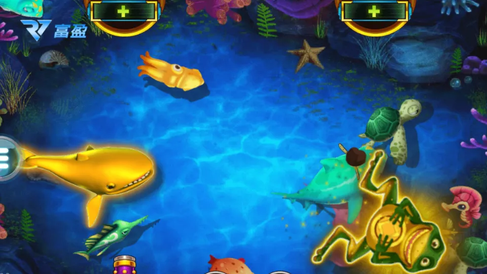 財神娛樂城捕魚機遊戲畫面截圖，海底魚群與彈道操作介面展示